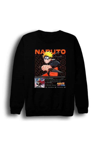 fame-stoned Naruto - Naruto Uzumaki - Anime Baskılı Unisex %100 Pamuk Bisiklet Yaka Siyah Sweatshirt ürün görseli 1