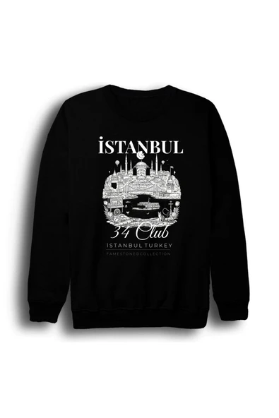 fame-stoned İstanbul 34 Boğaz Ayasofya Galata - Şehir Baskılı Unisex %100 Pamuk Siyah Bisiklet Yaka Sweatshirt ürün görseli 1