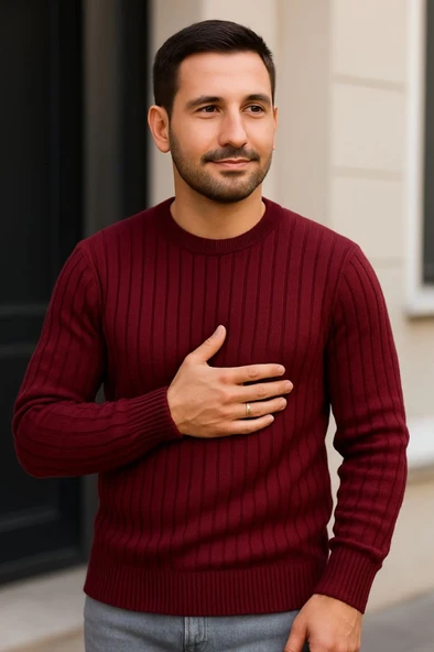 Fitilli Dokuma Erkek Günlük Şıklık Bordo Pamuklu Bisiklet Yaka Triko Kazak ürün görseli 1
