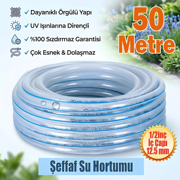 Örgülü Şeffaf Bahçe Hortumu 50 Metre Dayanıklı 3 Katlı Sağlam Çeşme Su Sulama Yıkama Hortum 12.5 mm 1/2" ürün görseli 1