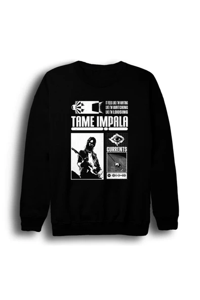 fame-stoned Tame Impala Müzik Grubu Baskılı Unisex %100 Pamuk Bisiklet Yaka Siyah Sweatshirt ürün görseli 1