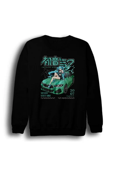 fame-stoned Hatsune Miku Anime Baskılı Unisex %100 Pamuk Siyah Bisiklet Yaka Sweatshirt ürün görseli 1