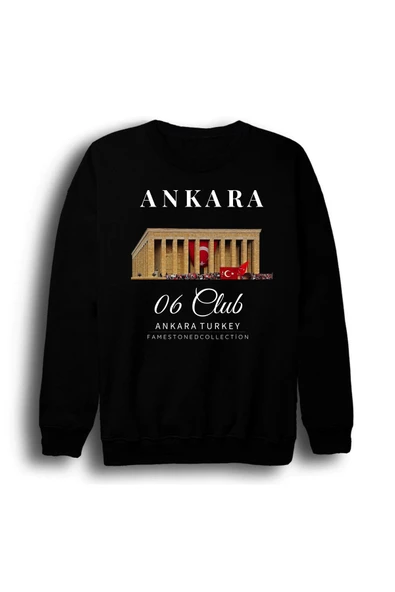 fame-stoned Ankara06AnıtkabirAtatürk Türk Bayrağı Şehir Baskılı Unisex %100 Pamuk Bisiklet Yaka Siyah Sweatshirt ürün görseli 1