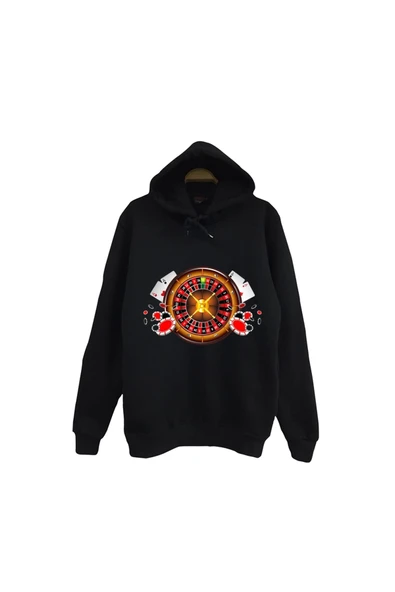 fame-stoned Rulet - Kumar - Kağıt - Oyun - Zar - Casino Baskılı Unisex %100 Pamuk Kapüşonlu Siyah Sweatshirt ürün görseli 1