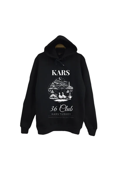 fame-stoned Kars 36 Ani Harabeleri Kars Kalesi Kaz Şehir Baskılı Unisex %100 Pamuk Siyah Kapüşonlu Sweatshirt ürün görseli 1