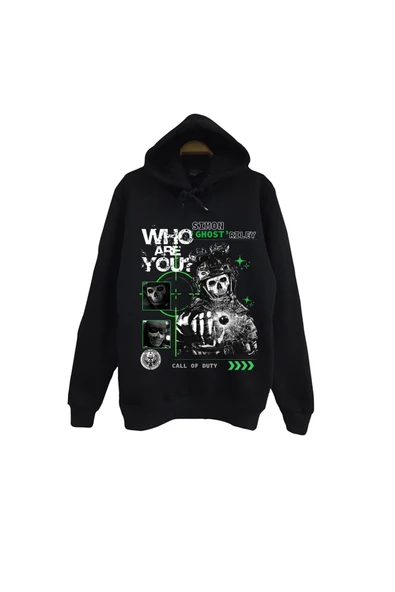 fame-stoned Call Of Duty - Ghost - Simon Riley - Oyun Baskılı Unisex %100 Pamuk Siyah Kapüşonlu Sweatshirt ürün görseli 1