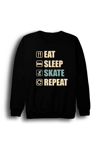 fame-stoned Eat Sleep Skate Repeat - Kaykay Baskılı Unisex %100 Pamuk Bisiklet Yaka Siyah Sweatshirt ürün görseli 1