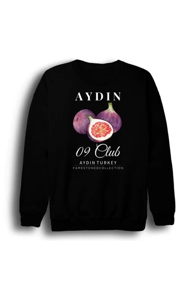fame-stoned Aydın 09 İncir -Meyve - Sahil - Beach Şehir Baskılı Unisex %100 Pamuk Bisiklet Yaka Siyah Sweatshirt ürün görseli 1