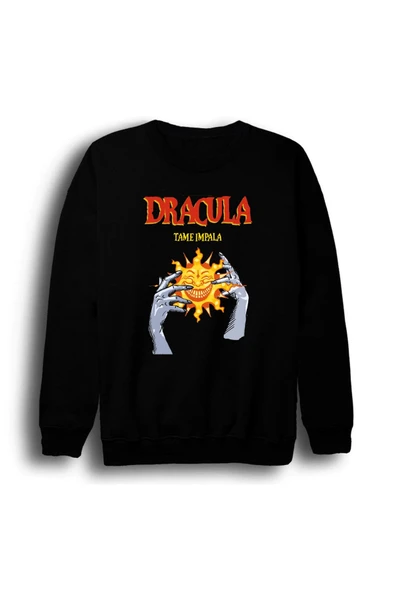 fame-stoned Tame Impala Müzik Grubu - Dracula Baskılı Unisex %100 Pamuk Bisiklet Yaka Siyah Sweatshirt ürün görseli 1