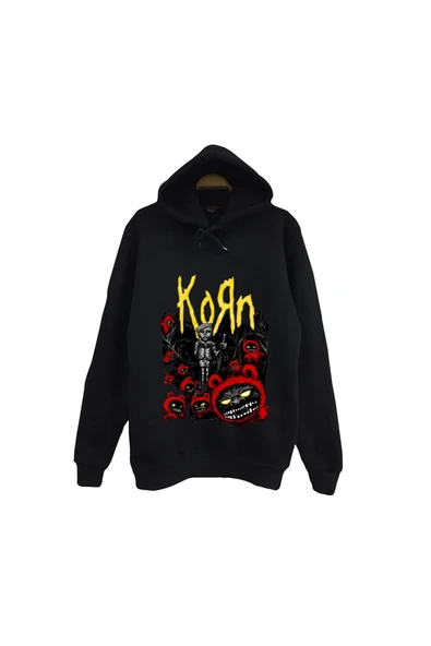 fame-stoned Korn - Rock - Band - Metal Baskılı Unisex %100 Pamuk Kapüşonlu Siyah Sweatshirt ürün görseli 1