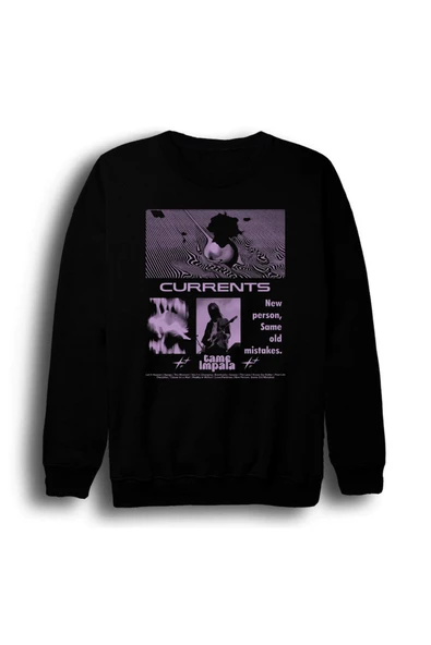 fame-stoned Tame Impala Müzik Grubu - Currents Baskılı Unisex %100 Pamuk Bisiklet Yaka Siyah Sweatshirt ürün görseli 1