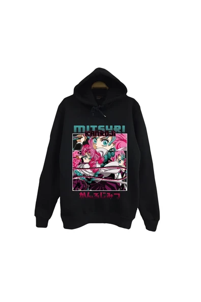 fame-stoned Demon Slayer - Mitsuri Kanroji - Anime Baskılı Unisex %100 Pamuk Siyah Kapüşonlu Sweatshirt ürün görseli 1