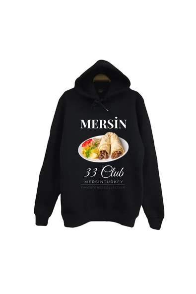 fame-stoned Mersin - 33 - Tantuni - Kızkalesi - Şehir Baskılı Unisex %100 Pamuk Siyah Kapüşonlu Sweatshirt ürün görseli 1