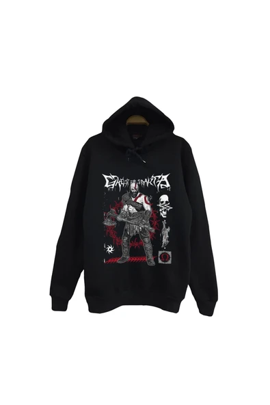 fame-stoned God Of War - Kratos - Oyun Baskılı Unisex %100 Pamuk Kapüşonlu Siyah Sweatshirt ürün görseli 1
