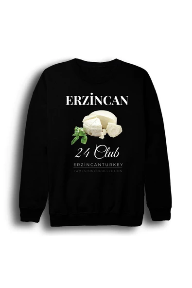 fame-stoned Erzincan 24 Tulum Peyniri Girlevik Şehir Baskılı Unisex %100 Pamuk Siyah Bisiklet Yaka Sweatshirt ürün görseli 1