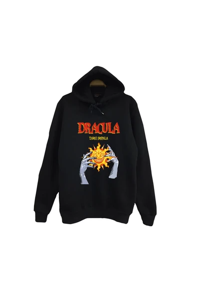 fame-stoned Tame Impala Müzik Grubu - Dracula Baskılı Unisex %100 Pamuk Kapüşonlu Siyah Sweatshirt ürün görseli 1