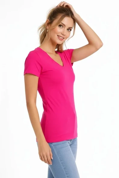 Erkek Fit Duruş Pembe Mavi ve Ekru Slim Fit V Yaka Tişört 3'lü Set ürün görseli 1