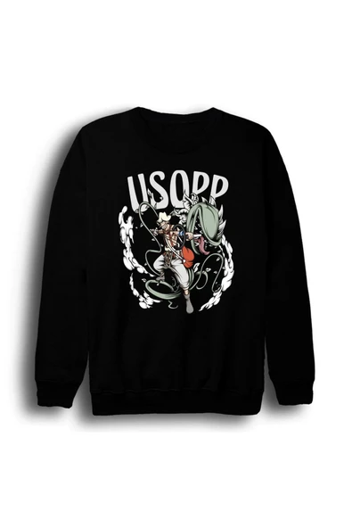 fame-stoned One Piece - Usopp - Anime Baskılı Unisex %100 Pamuk Bisiklet Yaka Siyah Sweatshirt ürün görseli 1
