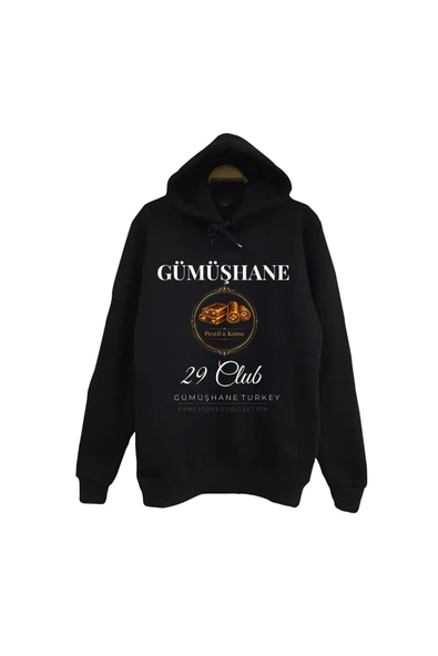 fame-stoned Gümüşhane - 29 - Pestil - Köme - Şehir Baskılı Unisex %100 Pamuk Siyah Kapüşonlu Sweatshirt ürün görseli 1