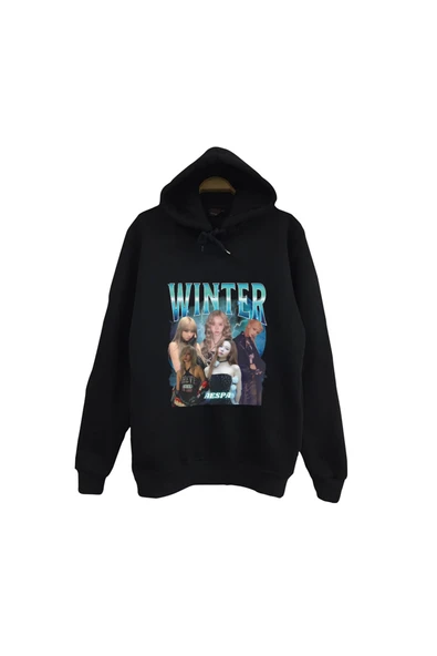 fame-stoned Aespa - Winter - K-Pop Baskılı Unisex %100 Pamuk Kapüşonlu Siyah Sweatshirt ürün görseli 1