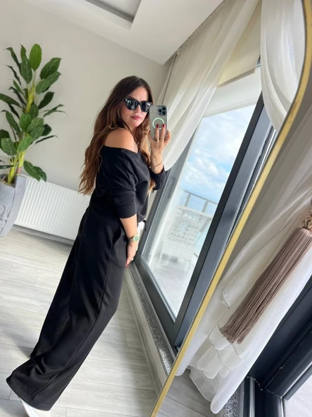 Kadın Uzun Kollu Tek Omuzdan Açık Modal Bluz Ve Pantolon Ikili Takım ürün görseli 1