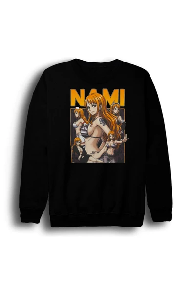 fame-stoned One Piece - Nami - Anime Baskılı Unisex %100 Pamuk Bisiklet Yaka Siyah Sweatshirt ürün görseli 1
