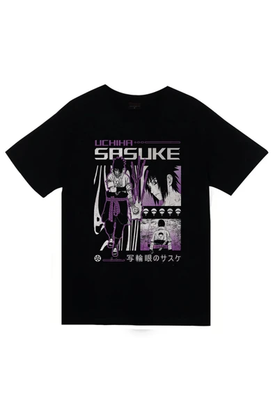 fame-stoned Naruto - Sasuke Uchiha - Anime Baskılı Unisex %100 Pamuk Siyah T-shirt ürün görseli 1