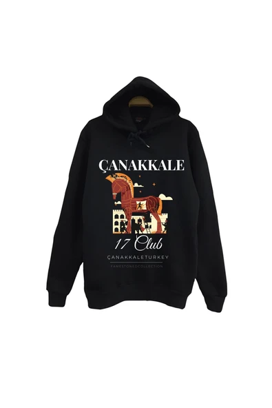 fame-stoned Çanakkale - 17 - Troya - Şehitlik - Şehir Baskılı Unisex %100 Pamuk Siyah Kapüşonlu Sweatshirt ürün görseli 1