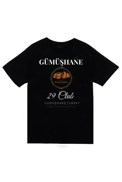 fame-stoned Gümüşhane - 29 - Pestil - Köme - Şehir Baskılı Unisex %100 Pamuk Siyah T-shirt ürün görseli 1