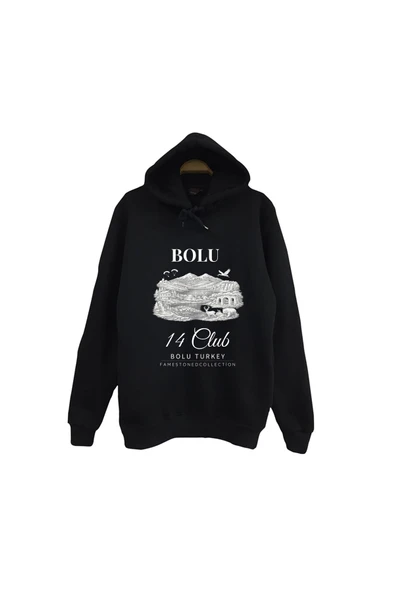 fame-stoned Bolu Abant Yedigöller Gölcük Doğa Şehir Baskılı Unisex %100 Pamuk Kapüşonlu Siyah Sweatshirt ürün görseli 1