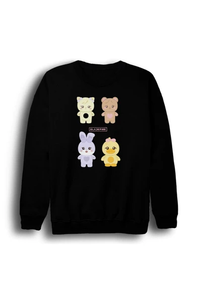 fame-stoned Blackpink -Lisa-Jennie-Jisoo-Rose-Deadline Baskılı Unisex %100 Pamuk Bisiklet Yaka Siyah Sweatshirt ürün görseli 1