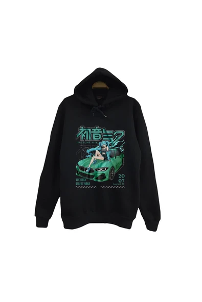 fame-stoned Hatsune Miku Anime Baskılı Unisex %100 Pamuk Siyah Kapüşonlu Sweatshirt ürün görseli 1
