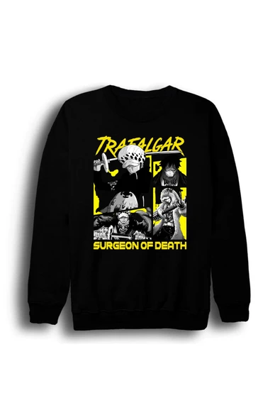 fame-stoned One Piece - Trafalgar Law - Anime Baskılı Unisex %100 Pamuk Bisiklet Yaka Siyah Sweatshirt ürün görseli 1