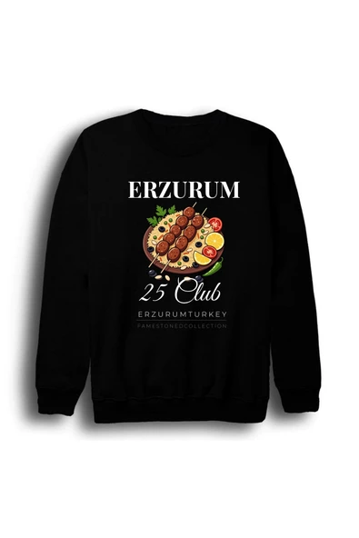 fame-stoned Erzurum 25 Palandöken - Cağ Kebabı - Şehir Baskılı Unisex %100 Pamuk Siyah Bisiklet Yaka Sweatshirt ürün görseli 1