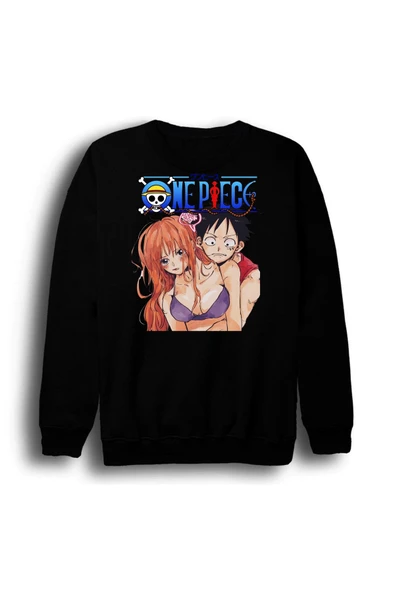 fame-stoned One Piece - Nami - Luffy - Nami x Luffy Baskılı Unisex %100 Pamuk Bisiklet Yaka Siyah Sweatshirt ürün görseli 1