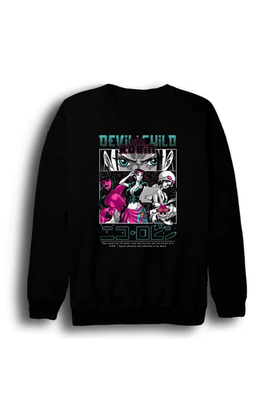 fame-stoned One Piece - Nico Robin Devild Child - Anime Baskılı Unisex %100 Pamuk Bisiklet Yaka Siyah Sweatshirt ürün görseli 1