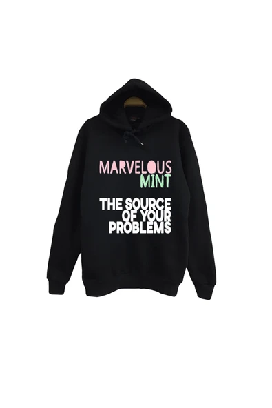 fame-stoned Marvelous Mint - The Source of Your Problems Baskılı Unisex %100 Pamuk Siyah Kapüşonlu Sweatshirt ürün görseli 1