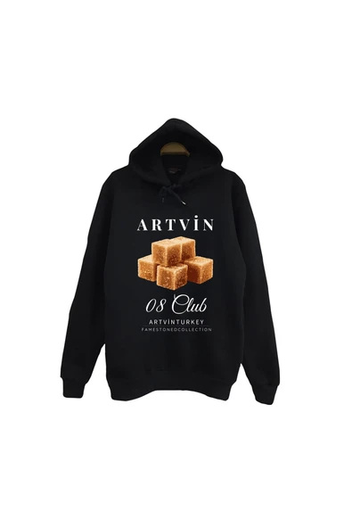 fame-stoned Artvin - 08 - Küp Şekeri - Şehir Baskılı Unisex %100 Pamuk Kapüşonlu Siyah Sweatshirt ürün görseli 1
