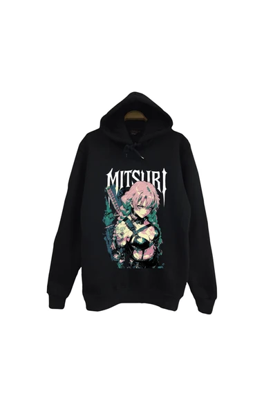 fame-stoned Demon Slayer - Mitsuri Kanroji - Anime Baskılı Unisex %100 Pamuk Siyah Kapüşonlu Sweatshirt ürün görseli 1