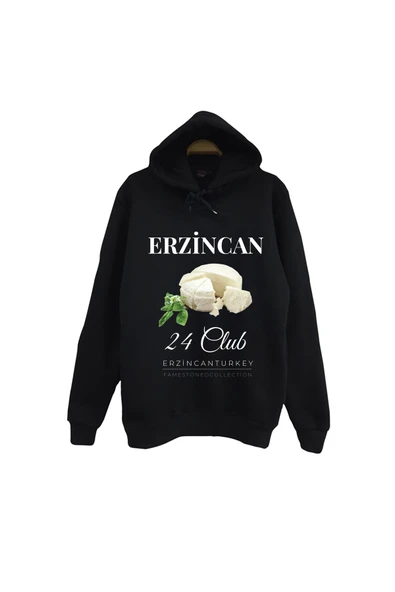 fame-stoned Erzincan 24 Tulum Peyniri Girlevik Şehir Baskılı Unisex %100 Pamuk Siyah Kapüşonlu Sweatshirt ürün görseli 1