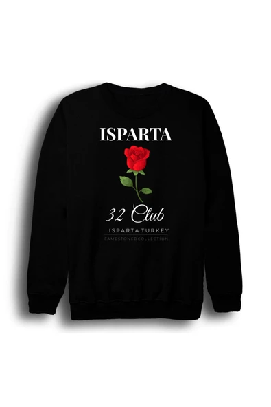fame-stoned Isparta - 32 - Gül - Lavanta - Şehir Baskılı Unisex %100 Pamuk Siyah Bisiklet Yaka Sweatshirt ürün görseli 1