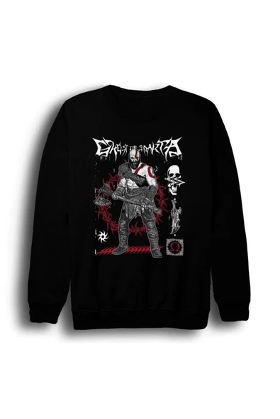 fame-stoned God Of War - Kratos - Oyun Baskılı Unisex %100 Pamuk Bisiklet Yaka Siyah Sweatshirt ürün görseli 1