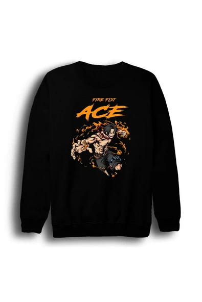 fame-stoned One Piece - Portgas D. Ace - Anime Baskılı Unisex %100 Pamuk Bisiklet Yaka Siyah Sweatshirt ürün görseli 1