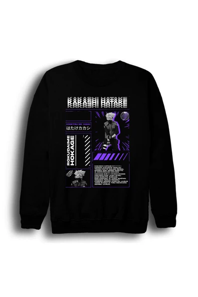 fame-stoned Naruto - Kakashi Hatake - Anime Baskılı Unisex %100 Pamuk Bisiklet Yaka Siyah Sweatshirt ürün görseli 1