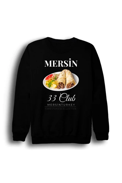 fame-stoned Mersin - 33 - Tantuni - Kızkalesi - Şehir Baskılı Unisex %100 Pamuk Siyah Bisiklet Yaka Sweatshirt ürün görseli 1