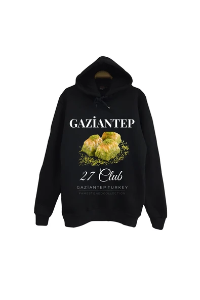 fame-stoned Gaziantep - 27 - Baklava - Antep Fıstığı Baskılı Unisex %100 Pamuk Siyah Kapüşonlu Sweatshirt ürün görseli 1