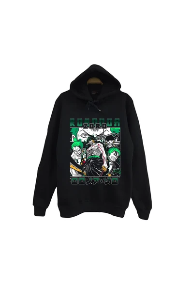 fame-stoned One Piece - Ronoa Zoro - Anime Baskılı Unisex %100 Pamuk Siyah Kapüşonlu Sweatshirt ürün görseli 1