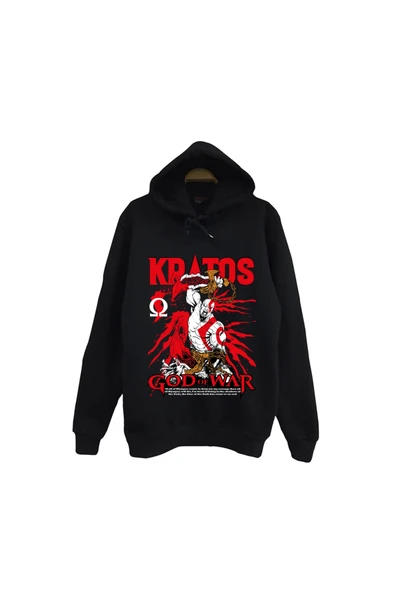 fame-stoned God Of War - Kratos - Oyun Baskılı Unisex %100 Pamuk Kapüşonlu Siyah Sweatshirt ürün görseli 1