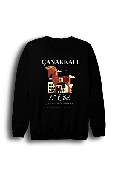 fame-stoned Çanakkale - 17 - Troya - Şehitlik - Şehir Baskılı Unisex %100 Pamuk Bisiklet Yaka Siyah Sweatshirt ürün görseli 1