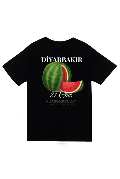 fame-stoned Diyarbakır - 21 - Surlar - Karpuz - Şehir Baskılı Unisex %100 Pamuk Siyah T-shirt ürün görseli 1